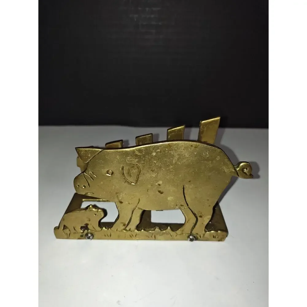 Vintage Brass Farm Pig Family & Fence Napkin Letter Holder Homestead Old Kitchen